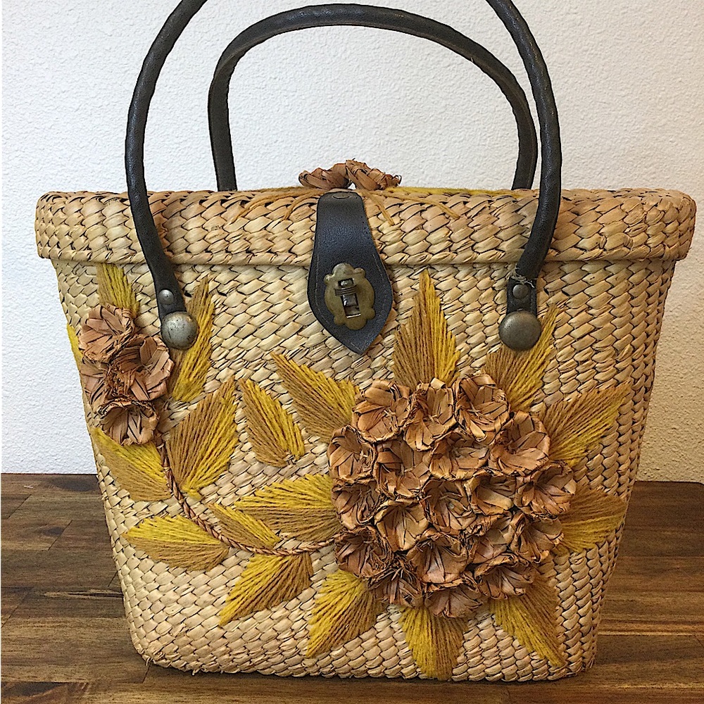 Vintage Mexican Woven Embroidered Straw Basket